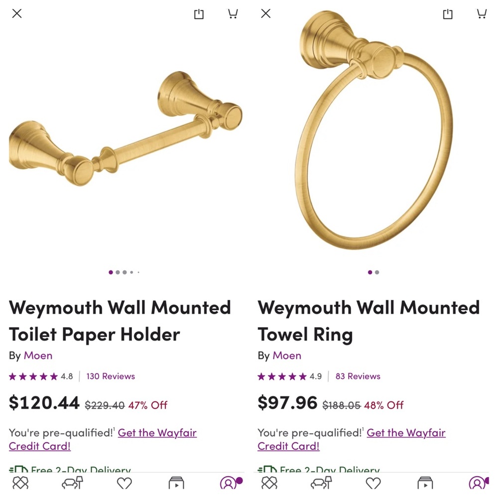 NEW/STILL IN BOX Gold Towel Ring & TP Holder